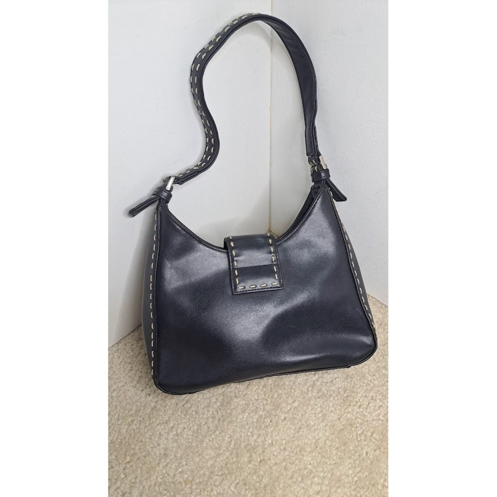 VTG Y2K GUESS Women's Faux Black Leather Hobo Shoulder Mini Silver Logo Bag - Picture 5 of 6